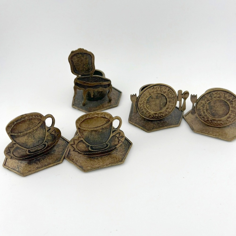 Vintage Brass Tone Candle Holders Tea Cups Plates Chair Set of 5
